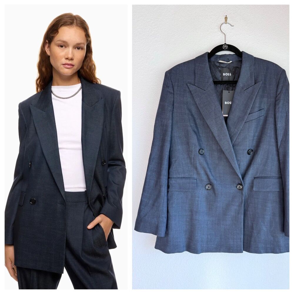 NEW BOSS Hugo Boss Women's Jaleto Denim Effect Double Breasted Blazer Size 10
